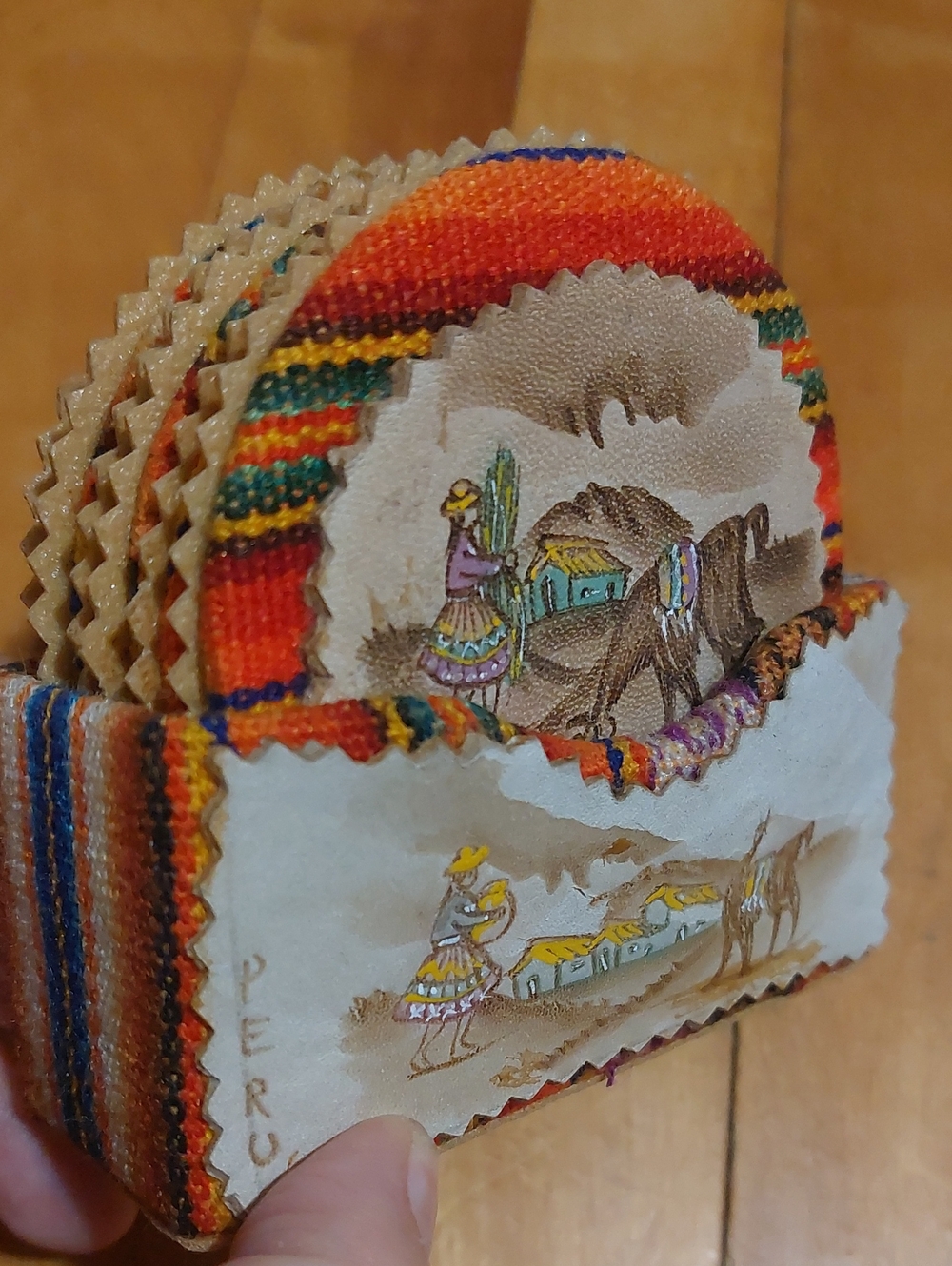 Vintage Hand-Painted Leather Peruvian Folk Art Coaster Set of 6 with Holder